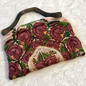 Vintage Floral Embroidered Tote with Wooden Handle